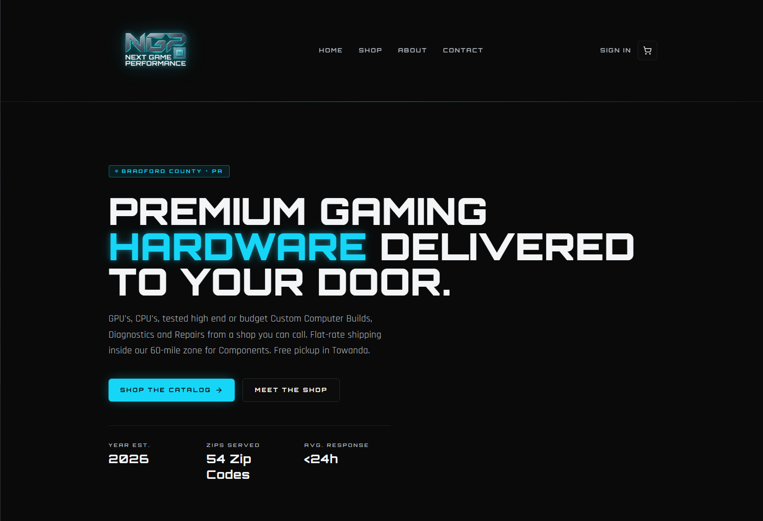 The Next Game Performance storefront: premium gaming hardware delivered to your door