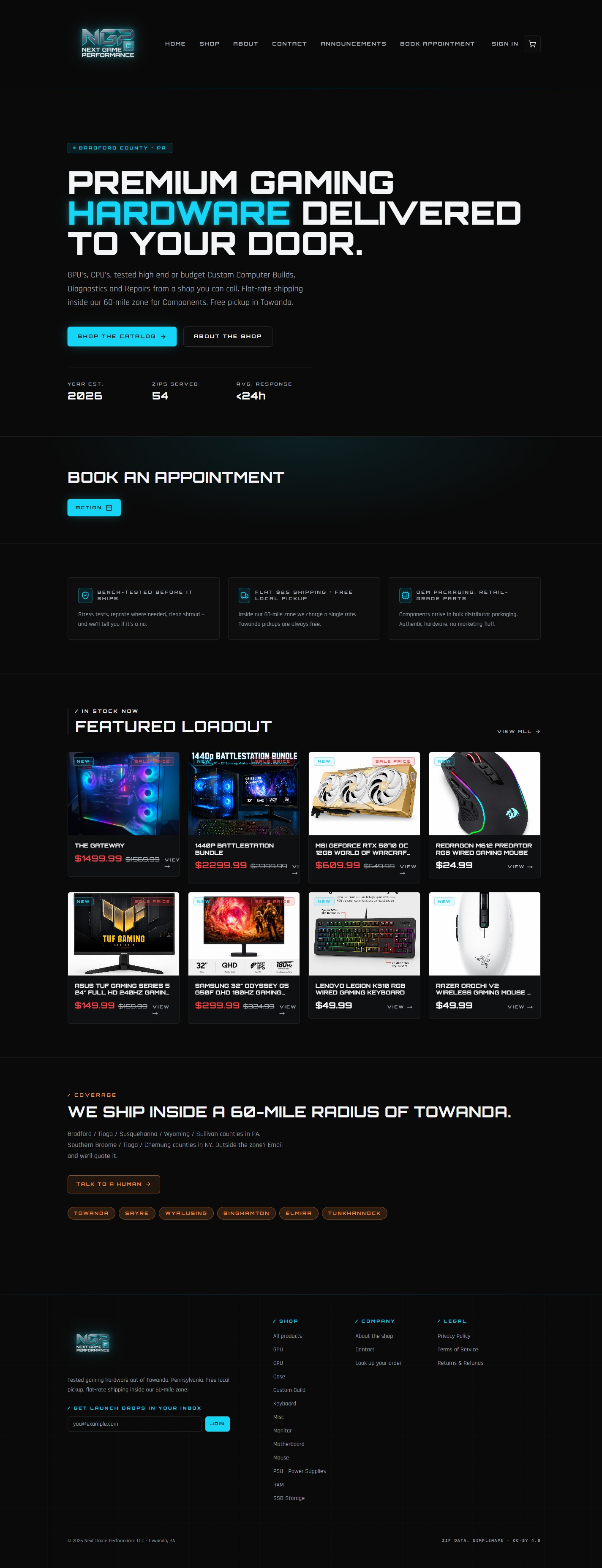 The Next Game Performance homepage, showing the hero, trust badges, and a Featured Loadout grid of in-stock one-of-a-kind hardware listings.